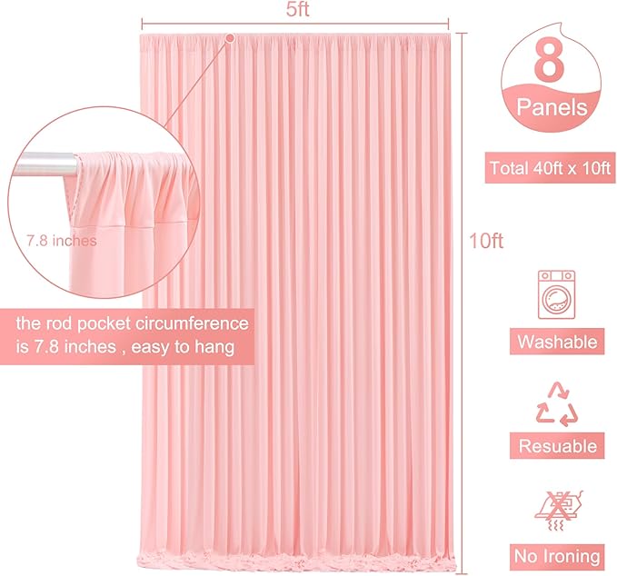 8 Panels Blush Pink Backdrop Curtain for Parties Wedding Wrinkle Free Pink Photo Curtains Backdrop Drapes Fabric Decoration for Baby Shower Birthday Party 40ft(W) x 10ft(H)