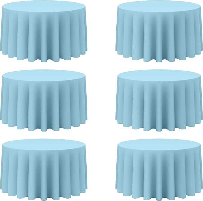 BRILLMAX 6 Pack Light Blue Round Tablecloths 120 Inch for 60” Tables - 150 GSM Polyester Fabric, Floor Length Drop, Water, Stain & Wrinkle Resistant Cloth Cover for Wedding Reception Banquet Dining