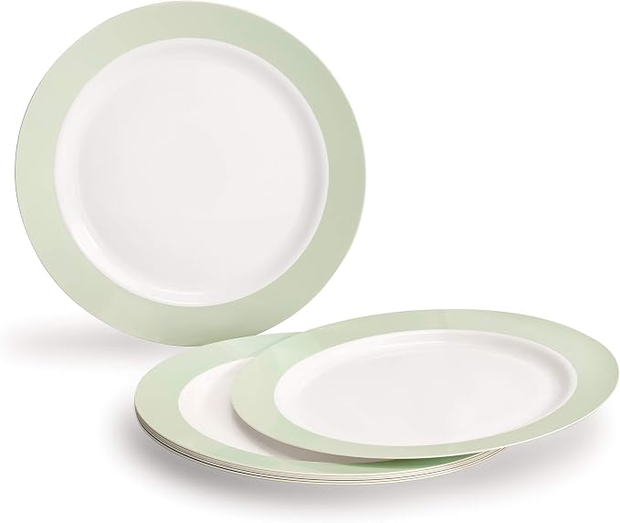 OCCASIONS 50pc Heavyweight Disposable Plastic Plates Set for 25 Guests – 25 Dinner (10.5") & 25 Dessert (7.5") Plates, Premium Party Plates for Weddings/Events, RIO White & Pearled Green