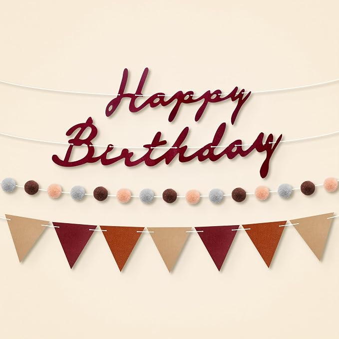 KatchOn, Burgundy Happy Birthday Banner Set – Pre Strung, 10 Ft | Triangle Flag Banner and Pom Pom Garland, Reusable | Burgundy Birthday Decorations for Women, Men | Boho Party Decorations