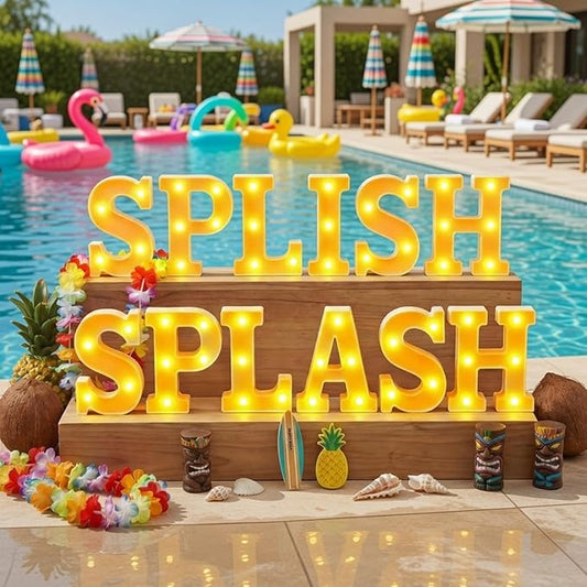 Honoson 12 Pcs Summer Splish Splash Party Decorations Light Sign Summer Pool Theme Lights Table Decoration for Beach Swimming Water Luau Hawaiian Tropical Party Decor