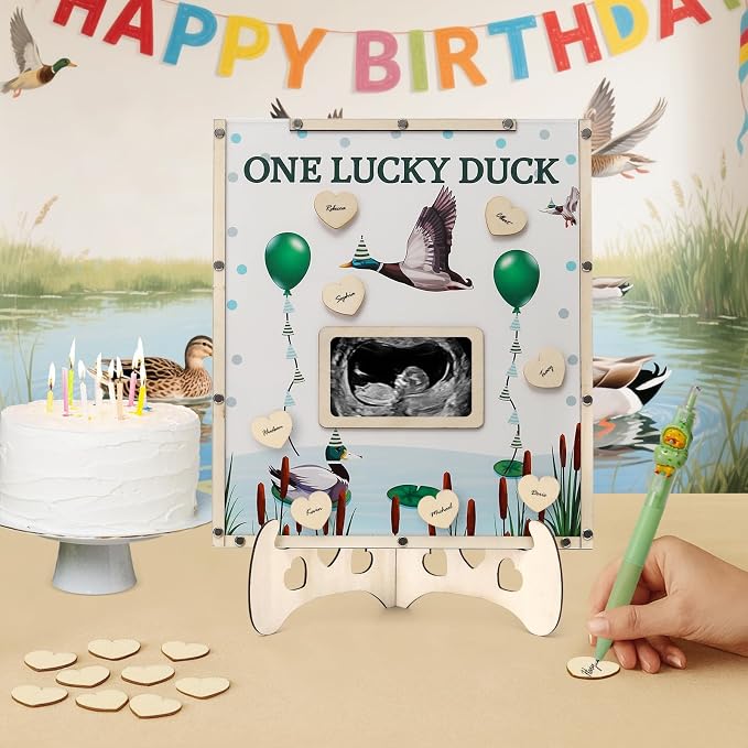 Mallard Duck Baby Shower Decorations,Baby Shower Guest Book Alternatives with Pen,Photo Frame and 60 Heart Wood Slices for 60 Guests,One Lucky Duck Birthday Decorations