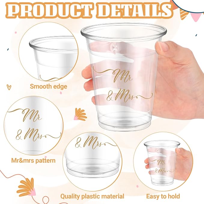 FoldTier 50 Pcs Mr and Mrs Cups 12 oz Plastic Wedding Cups Clear Engagement Disposable Glasses Bridal Shower Drinking Glasses for Home Kitchen Wedding Theme Party Favors Supplies Decoration