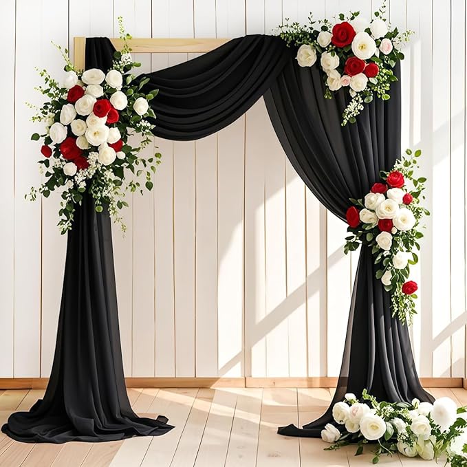 LINXTAR Wedding Arch Draping Fabric 30'' x 18FT Sheer Chiffon Arch Drape Backdrop 1 Panel Black Drape for Bridal Shower Baby Shower Photo Booth Church Decor Birthday Party Outdoor Decoration