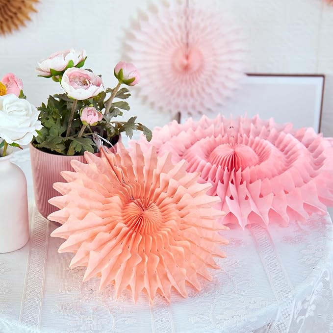 SUNBEAUTY 11Pcs Soft Pink Paper Fans Party Decorations for Wall, Reusable Large Spring Summer Hanging Paper Fans for Birthday Party Bachelorette Anniversary Wedding Bulletin board Photo Booth Backdrop