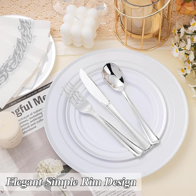 BESTSTAR 100 Piece Silver Rim Plastic Plates - 50 Dinner Plates 10.25" & 50 Dessert Plates 7.5" - Premium White Disposable Plates, Heavy Duty & Elegant for Wedding, Party, and Formal Events
