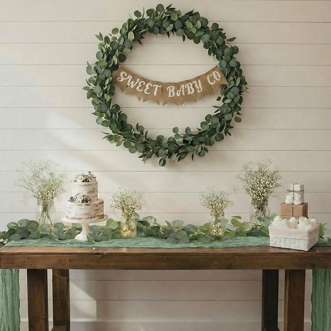 Leinuosen 8 Set 10 Ft Sage Green Cheesecloth Table Runner Wedding Decor with 6 Ft Eucalyptus Garland, Boho Gauze Table Centerpiece Runner for Wedding Baby Shower Birthday Party Decoration