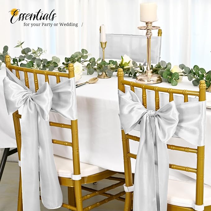 Pesonlook 60 PCS Silver Satin Chair Sashes Bows Satin Chair Sashes Universal Chair Cover for Wedding Reception Restaurant Event Decoration Banquet,Party,Hotel Event Decorations (7 x 108 inch)