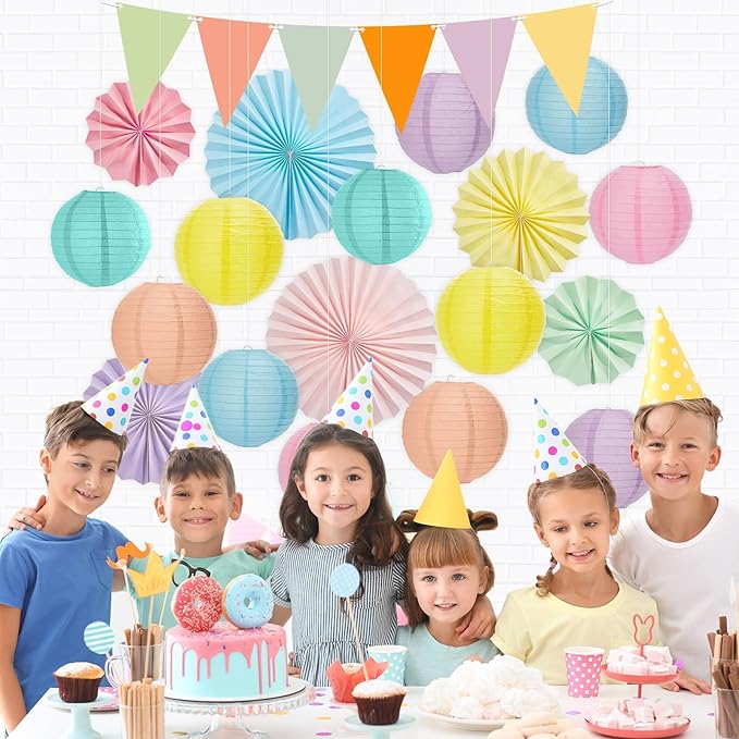 21Pcs Pastel Classroom Decor Colorful Pastel Hanging Paper Lanterns Paper Fans Triangle Flags Banners Set Round Lantern for Back to School Ceiling Supplies Home Indoor Birthday Party Ceremonial Event