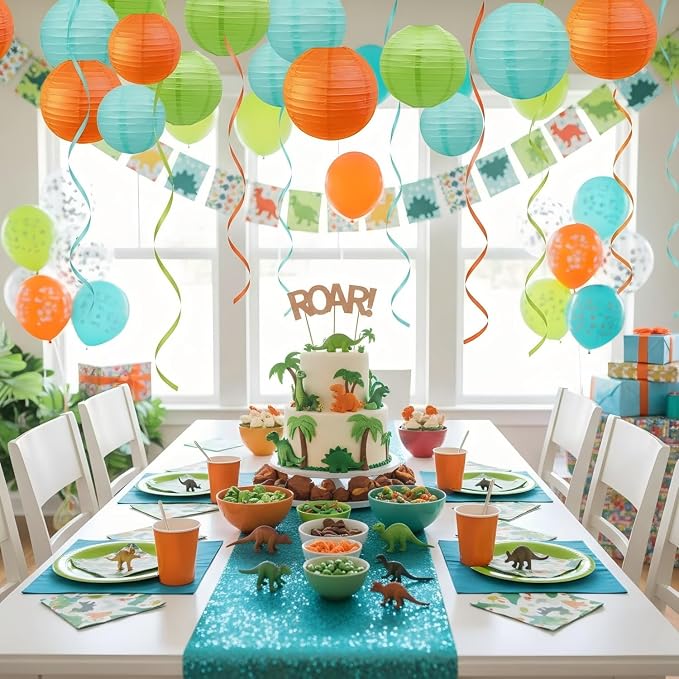 CC wonderland zone 12pcs Fruit Green Orange and Pastel Blue Lanterns,Hanging Paper Lanterns for Dinosaur Birthday Party Decoration