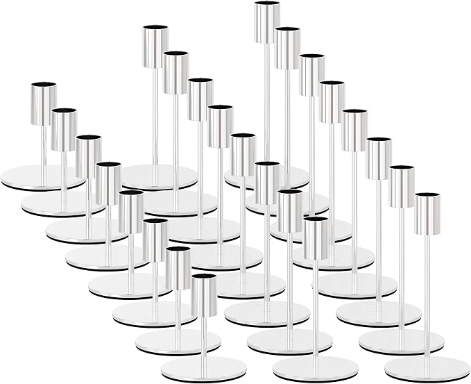 zeochyni Silver Candlestick Holders Set of 24 for Wedding Party Decoe | Metal Taper Candle Holders Bulks in 3 Heights with Weighted Base for Dining, Wedding, Mantel Decor and Housewarming Gift