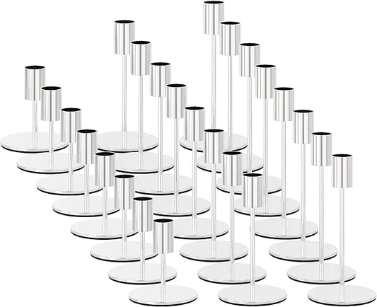 zeochyni Silver Candlestick Holders Set of 24 for Wedding Party Decoe | Metal Taper Candle Holders Bulks in 3 Heights with Weighted Base for Dining, Wedding, Mantel Decor and Housewarming Gift