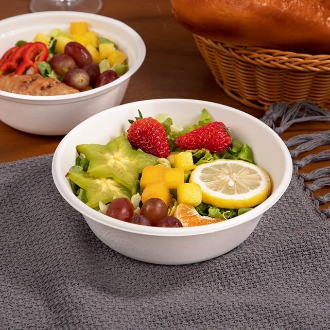 supernal 200Pcs Compostable Disposable Paper Bowls Combo Set for Catering | Heavy duty bagasse sugarcane bowls include 100pcs 16oz and 100pcs 30oz. Biodegradable, leakproof soup bowls for party.