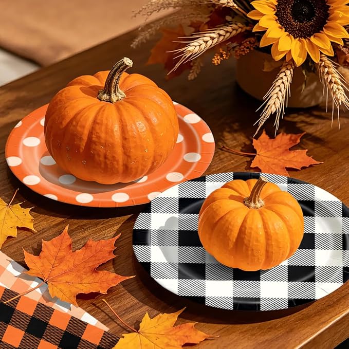CMUSKO Fall Plaid Decorations - 60pcs Black Orange Buffalo Plaid Plates and Napkins Thanksgiving Halloween Gingham Tableware