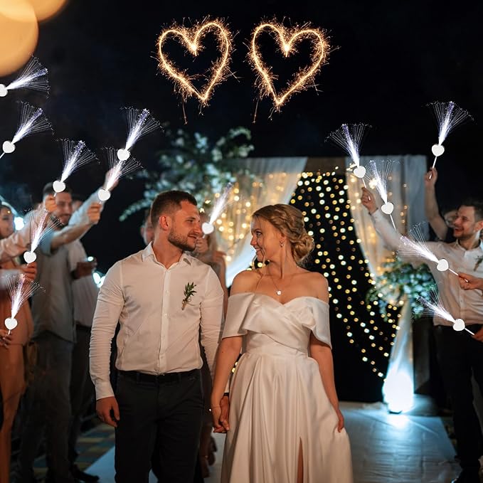 100 Pcs LED Wedding Sparklers Glow Sticks Heart Shape Long Fiber Optic Wands with 3 Light Modes for Send Off Reception Valentine Proposal Carnival Birthday Party Supplies Dance Floor Prop (White)