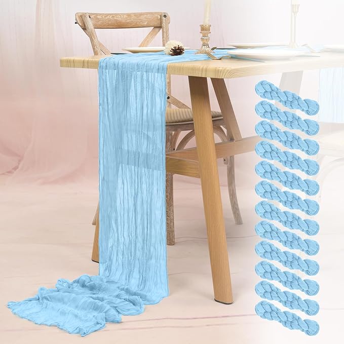12 Pack Light Blue Cheesecloth Table Runner 10FT Baby Blue Boho Gauze Cheese Cloth Table Runner Rustic Sheer Fabric Table Runners for Wedding Bridal Shower Baby Shower Party(21.5×120 Inch)