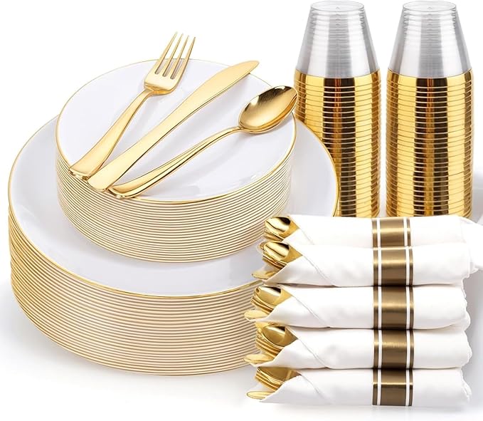 KIRE 175PCS Gold Plates Disposable - Heavy Duty White and Gold Plastic Plates Dinnerware Sets - 25 for Dinner 25 for Dessert 25 Pre Rolled Napkins and 25 Cups for Birthday/Ramadan/Wedding/Mother's Day