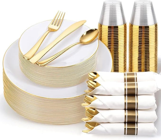 KIRE 175PCS Gold Plates Disposable - Heavy Duty White and Gold Plastic Plates Dinnerware Sets - 25 for Dinner 25 for Dessert 25 Pre Rolled Napkins and 25 Cups for Birthday/Ramadan/Wedding/Mother's Day
