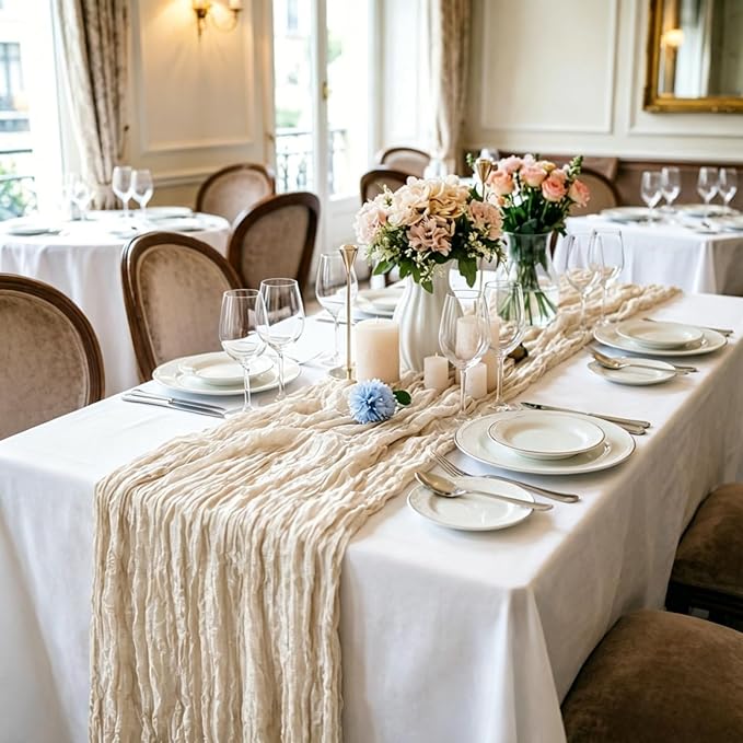 16 Pack Beige Cheesecloth Table Runner 35x120 Inch Boho Gauze Cheese Cloth Table Runners, 10 FT Long Rustic Sheer Table Runners for Wedding Bridal Baby Shower Birthday Party Table Decorations