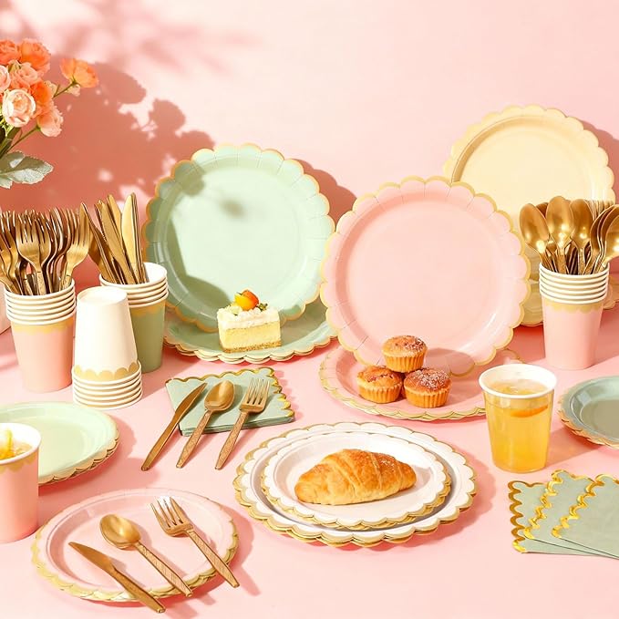 Mimorou 338 Pcs Sage Green and Pink Plates and Napkins Party Supplies Green and Rose Gold Tableware Include Scalloped Plates Paper Napkin Cup Spoon Fork Knife for Baby Shower, Wedding, Birthday