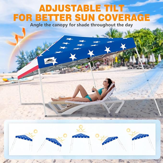 EAGLE PEAK 10x10 Slant Leg Pop-up Canopy Tent Easy One Person Setup Instant Outdoor Beach Canopy Folding Portable Sports Shelter 10x10 Base 8x8 Top (American Flag)