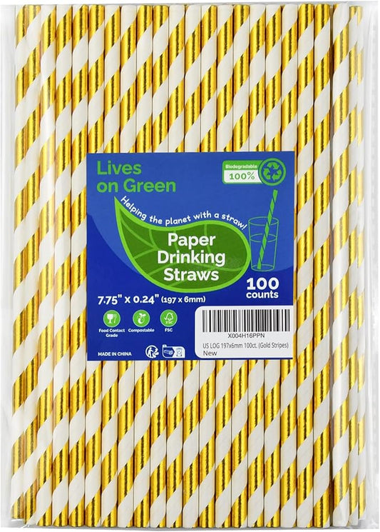 7.75 inch Gold/White Striped Paper Straws for Drinking 100 Counts for Bar, Restaurant, Wedding, Party - Unwrapped