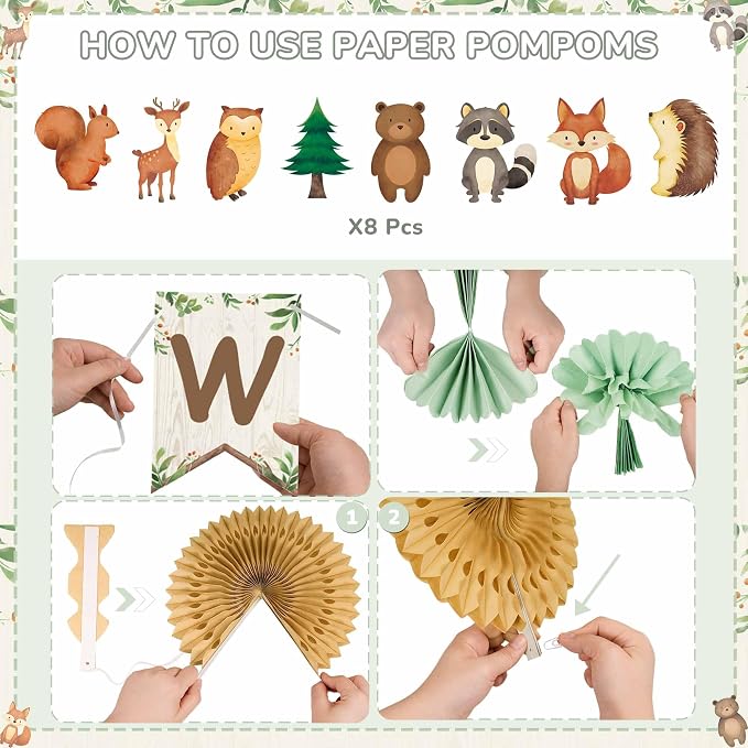 Kriyokiaa Woodland Baby Shower Decorations 15 Pcs Baby Shower Decorations with Welcome Baby Banners Paper Lantern Paper Flower Pom Poms Perfect for Indoor & Outdoor Celebrations
