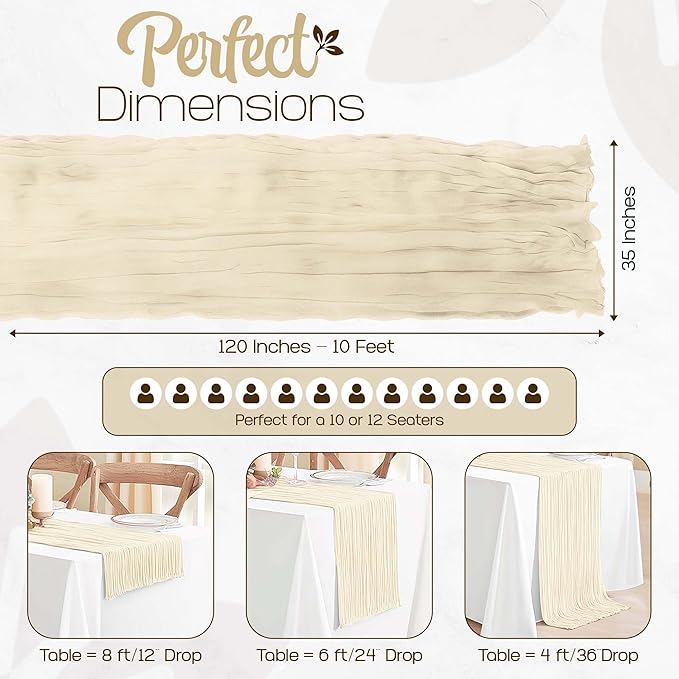 12 Pack Beige Cheesecloth Table Runners 10FT Long – 35 x 120 Inch Boho Gauze Table Runners for Engagement, Wedding, Baby Shower & Home Decor – Soft Wrinkled Polyester Fabric