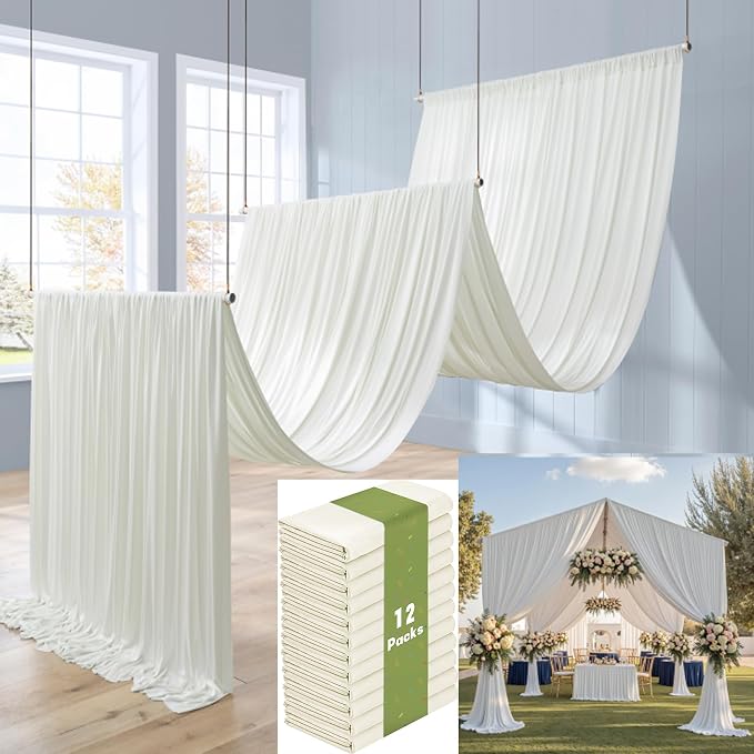 12 Panels 5x20ft Ivory Ceiling Drapes for Wedding Parties, Wrinkle Free Thick Polyester 20ft Extra Long Wedding Draping Ivory Ceiling Curtains Arch Drapery for Birthday Party Canopy Tent Decor