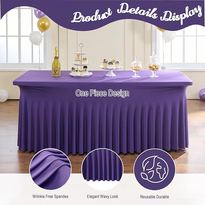 leegleri 2 Pack Purple Spandex Fitted Tablecloths for 6 Foot Rectangle Tables, Purple Stretch Table Cloth with Table Skirt, Wrinkle Free Spandex Table Covers 6ft for Parties, Weddings, Trade Shows