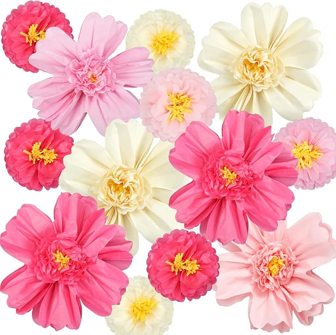 Crowye 12 Pcs Large Colorful Tissue Paper Flowers Decorations Giant Fiesta Craft Crepe Paper Flowers for Wall Decor Backdrop Mexican Wedding Birthday Carnival Party (10'' 20'',Pink Color)