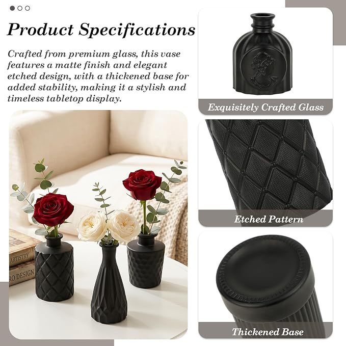 TBWIND 24PCS Black Glass Bud Vases Set, Small Vintage Flower Vases for Centerpieces, Mini Rustic Vases for Wedding Table Decor, Home, Shelves, Windowsills & Floral Arrangements
