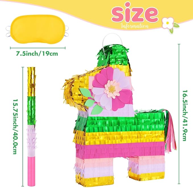 WERNNSAI 16.5" Tropical Hawaii Piñata - Rainbow Donkey Piñata with Blindfold Bat for Mexican Piñata Fiesta Party Decorations Luau Event Birthday Hawaiian Party Supplies Mexican Theme Carnivals