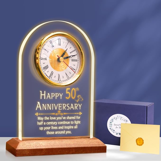 OkiyiD 50th Anniversary Wedding Gift, Anniversary Quartz Clock, Desk Table Clock, 50 Years of Marriage, Golden Wedding for Couple, Parents, Grandparents (Wooden Base with LED Light)