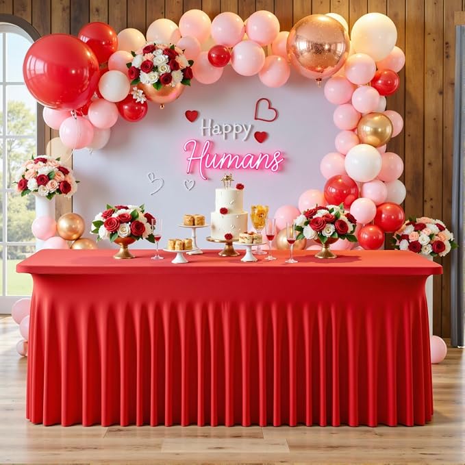 6 pk Red Spandex Tablecloth 6ft with Ruffle Skirt,Wrinkle Free High Stretch Fitted Tablecloths for 6 Foot Rectangle Tables,Pleated Skirts Spandex Table Covers 6ft for Christmas Party Banquet Wedding