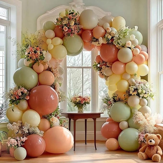 Dusty Pink Yellow Green Balloon Arch, Double Stuffed Sage Light Yellow Peach White Sand Mauve Pastel Balloon Garland Kit for Baby Shower Birthday Bridal Wedding Floral Valentines Party Decoration