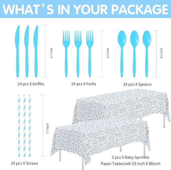 Sprinkle Baby Shower Decorations Tableware for Boy, Blue Confetti It's a Baby Sprinkle Party Decorations Supplies, Paper Plate, Napkin, Cup, Disposable Cutlery, Tablecloth, Serves 24