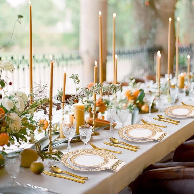 Bestluck 350PCS Gold Plastic Dinnerware Set for 50 Guests, Disposable Plates for Party, Wedding and Dinner, Include 50 Dinner Plates, 50 Dessert Plates, 50 Set Silverware, 50 Cups, 50 Napkins
