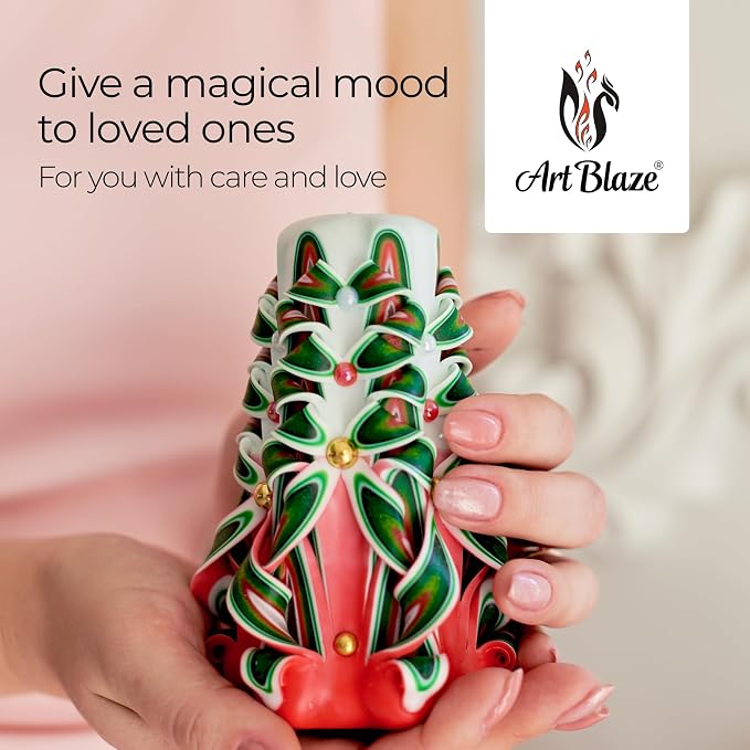 Carved Candles - Handmade Decorative Large Candle – Tall Long Burning Cute Spiral Candles for Women – Table Candle for Home Decor, Cozy Cottage Core Gift - Christmas Gift for Mom - Green&red