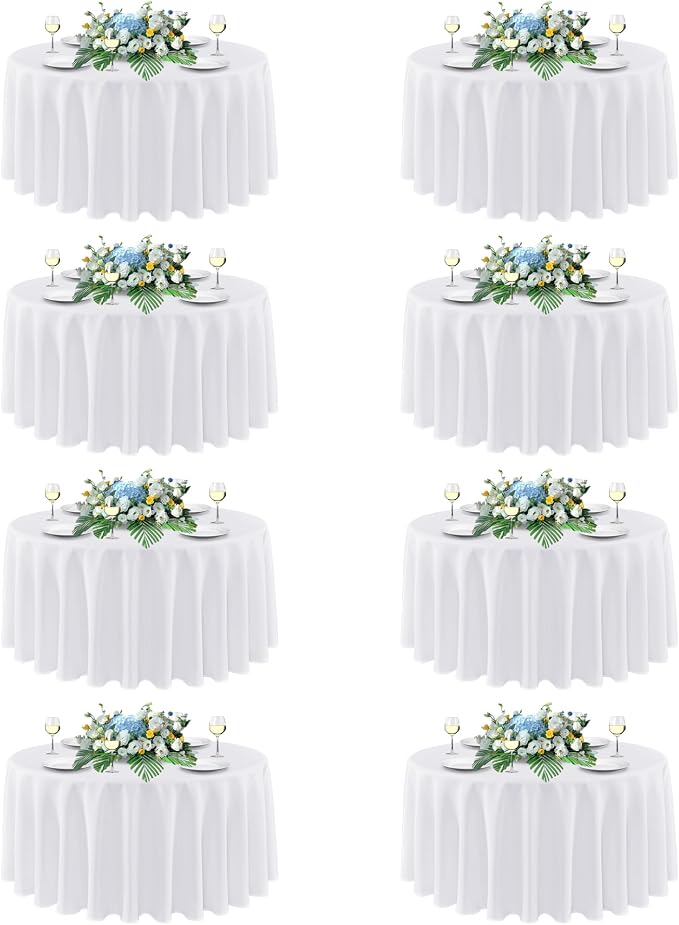 sancua 90 Inch Round Tablecloth White, 8 Pack - Circle Polyester Fabric Table Cloth for Wedding Party Reception Banquet Birthday, Washable Formal Table Cover (Fit 30-72 Inch Tables)