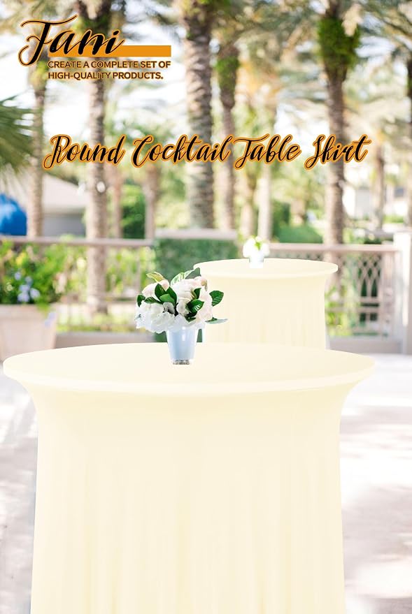 6 Packs 32"x 43" Round Cocktail Table Skirt, Spandex Fitted High Top Table Skirt, Spandex Stretch Cocktail Tablecloth for Wedding Party Bar Banquet Birthday Tables(Beige)