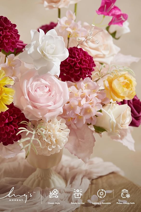 Ling's moment Fake Flowers Box, Faux Artificial Greenery Stems Foam Dahlia Gardenia Roses Silk Hydrangea Ranunculus Fabic Flower for Centerpieces Bouquet Wedding Vase, Hot Pink & Blush, Deluxe Combo
