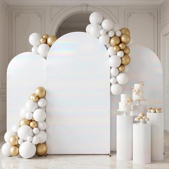 Iridescent White Arch Backdrop Cover 6ft/6.6ft/7.2ft 3Set with Zipper,Thick Soft Stretchy Sequin Shimmer Spandex Fitted Chiara Cover for Wedding Birthday Baby Shower Graduation Party Photo Backdrop