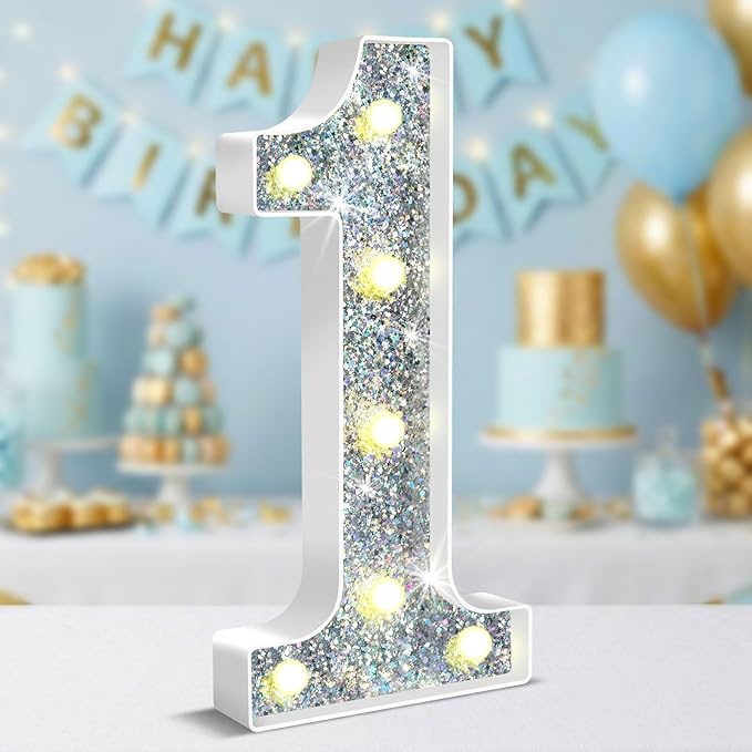 12.6 Inch LED Silver Marquee Light Up Numbers, 1st Birthday Decorations Number Lights as Gifts for Girls Boys, Glitter Lighted Marquee Numbers for Silver Anniversary Party Table Decor, 1
