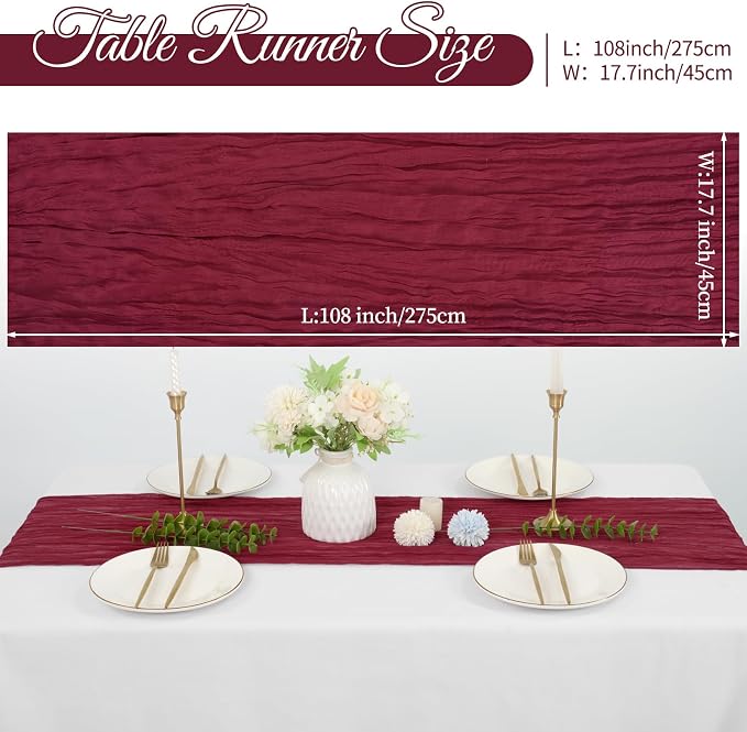 10 Pack Cheesecloth Table Runner 17 x 108 inch Long Boho Gauze Table Runners Semi Sheer Table Runner for Wedding Decor, Baby Shower, Birthday Party, Banquet (Burgundy)