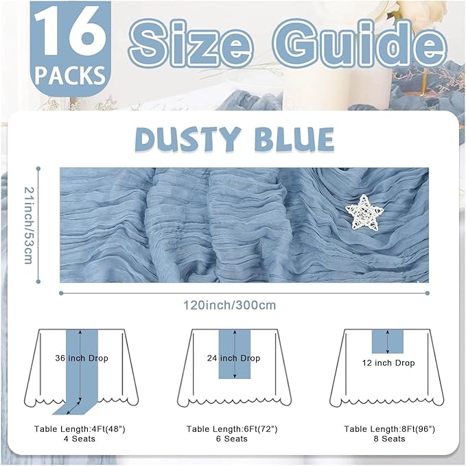 16 Pack Dusty Blue Cheesecloth Table Runner 21x120 Inch Gauze Table Runners Reusable Polyester 10ft Boho Rustic Cheese Cloth Table Runner for Wedding Party Baby Shower Birthday