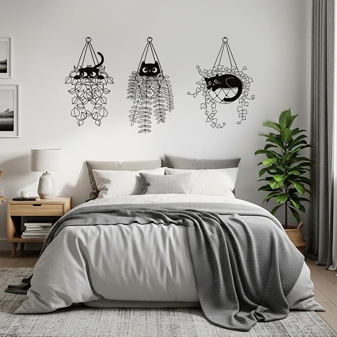 Fiwochic 3 Pcs Black Cat Metal Wall Decor Cute Black Cat Botanical Wall Art Leaves Art Hanging Plant Decoration for Cats Lover Minimalist Room Living Room Patio Decor Gift