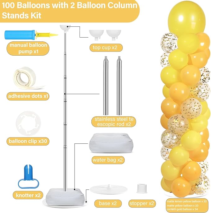2 Sets Golden Yellow Balloon Column Stand Kit with 100 Balloons Adjustable Balloon Tower Stand with Bases for Floor Confetti Balloons Column Kit for Graduation Birthday Appreciation Party Decor