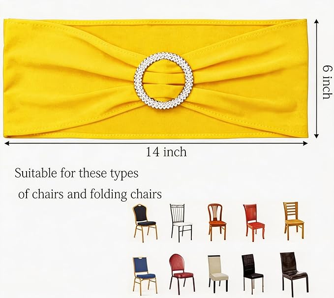 Pack of 50 Spandex Yellow Chair Sashes Bows Elastic Chair Bands with Buckle Slider Sashes Bows for Wedding Decorations Without White Covers (Yellow)