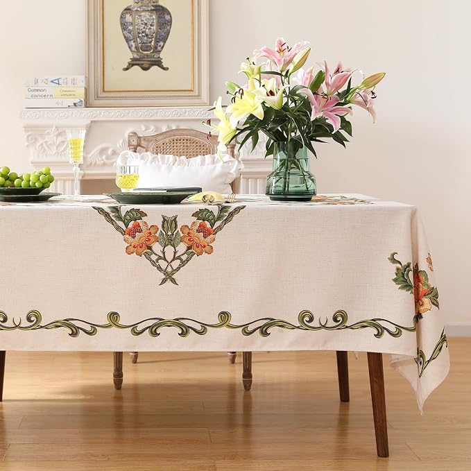 patdrea Vintage French Linen Tablecloth,Rectangular,94"x63"-Santiago C | Beautiful Print Large Table Cloth for Rectangle Table,Colorful Floral Patterned,Dining Room Tea Party Thanksgiving